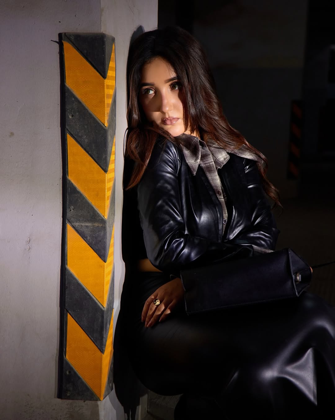 Ashnoor Kaur blending leather jacket and plaid charm