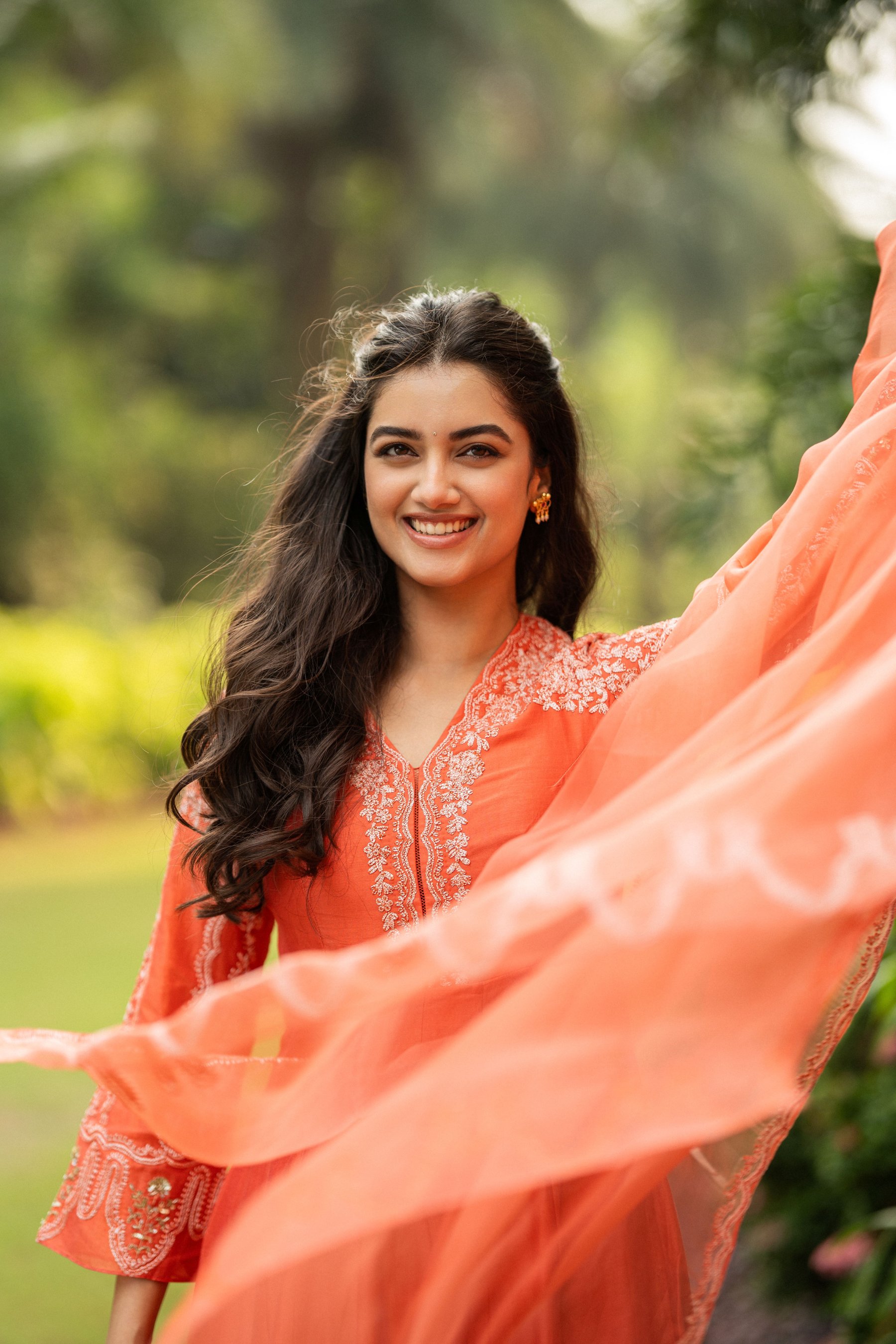 Bhagyashri Borse coral outfit bright stylish look