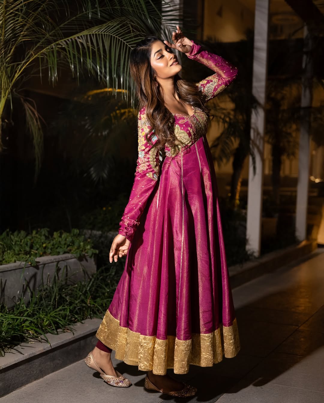 Dimple Hayathi stunning magenta and gold designer ensemble