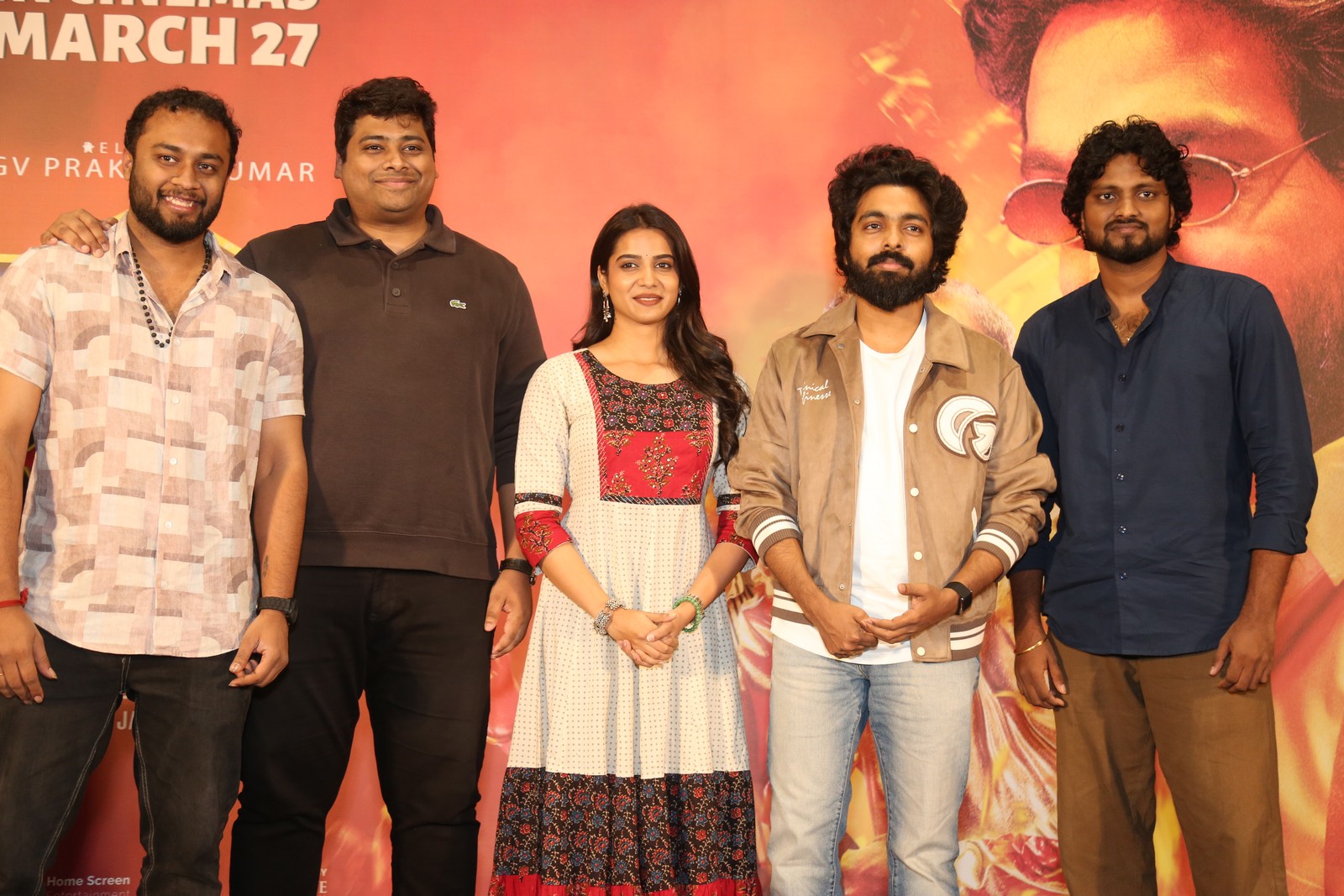 Happy Raj star cast posing together at trailer launch