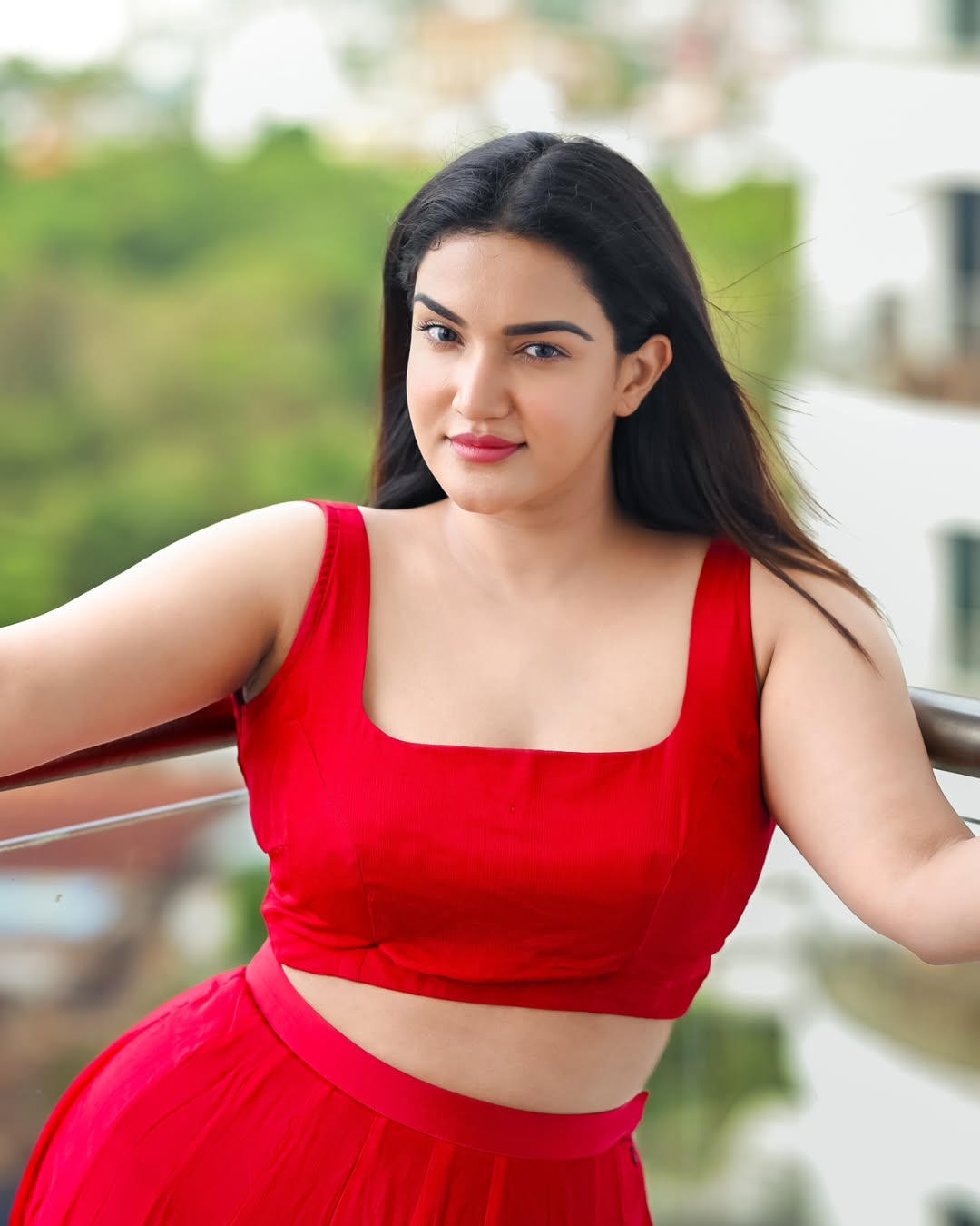 Honey Rose bold red dress stylish glamorous look