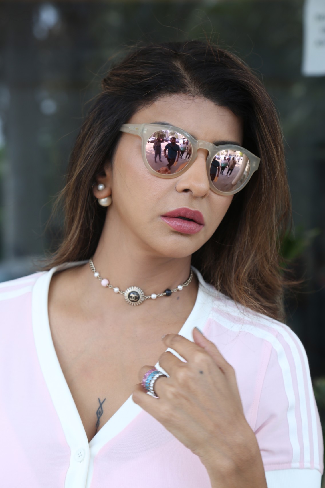 Lakshmi Manchu wearing mirrored sunglasses and statement jewelry stylish look