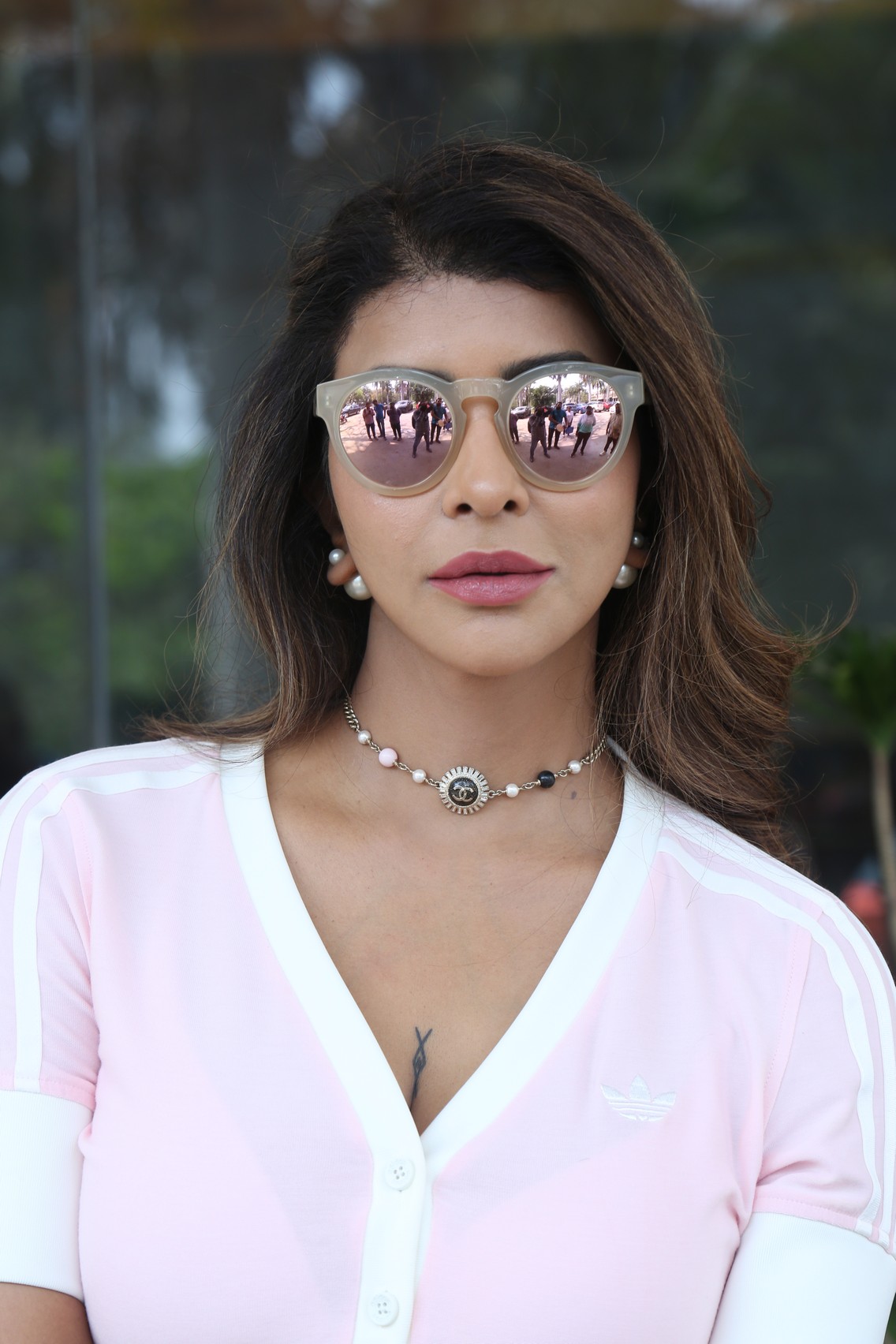 Lakshmi Manchu bold fashion style with reflective sunglasses and jewelry