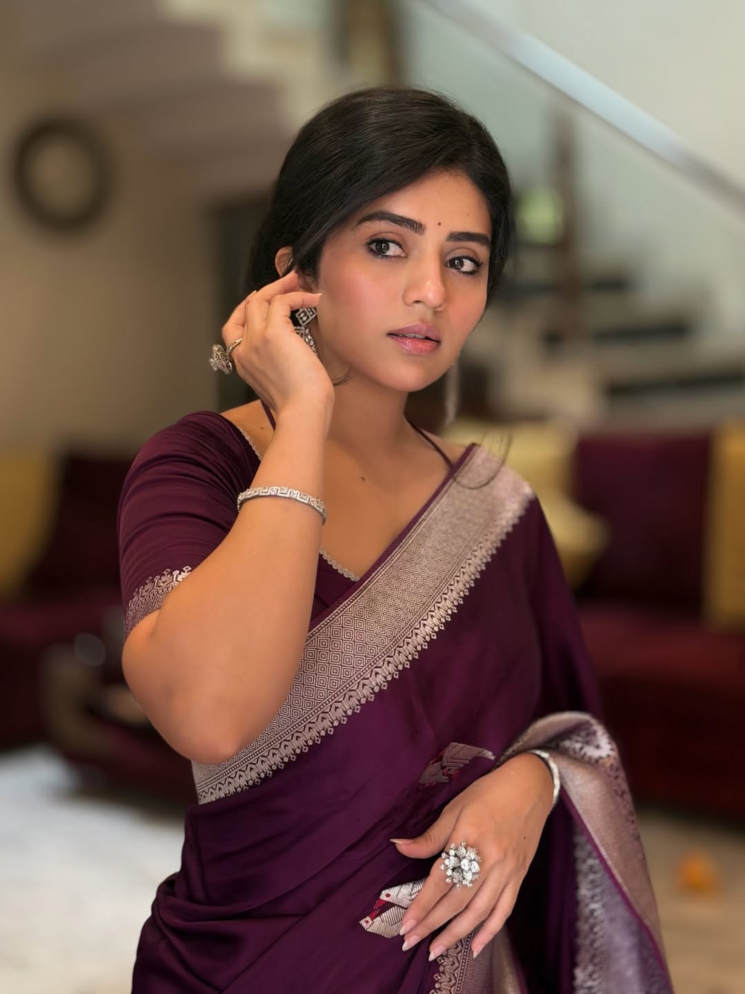 Megha Shetty saree look confident elegant charming style