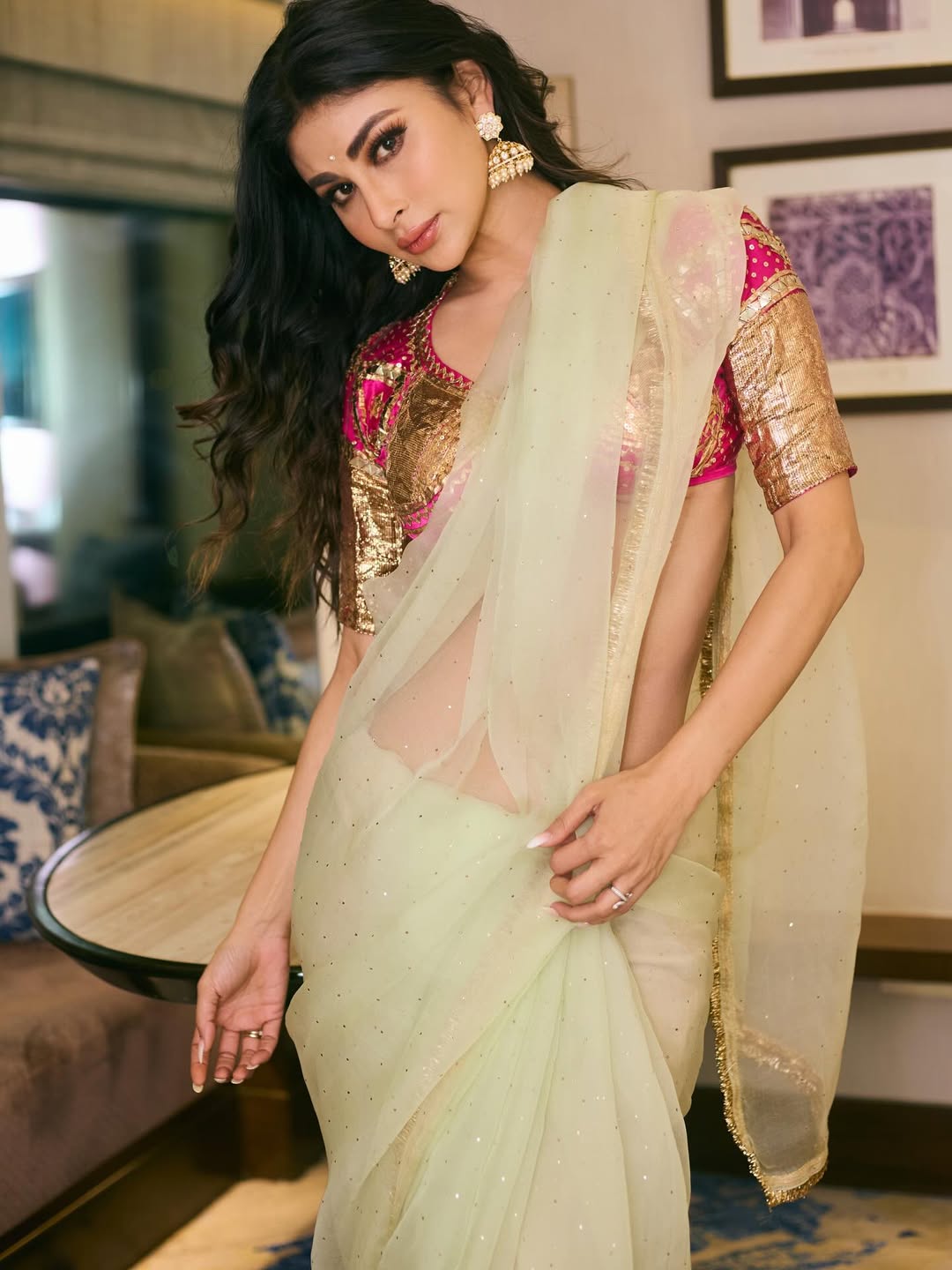 Mouni Roy pastel saree pink blouse glamorous style
