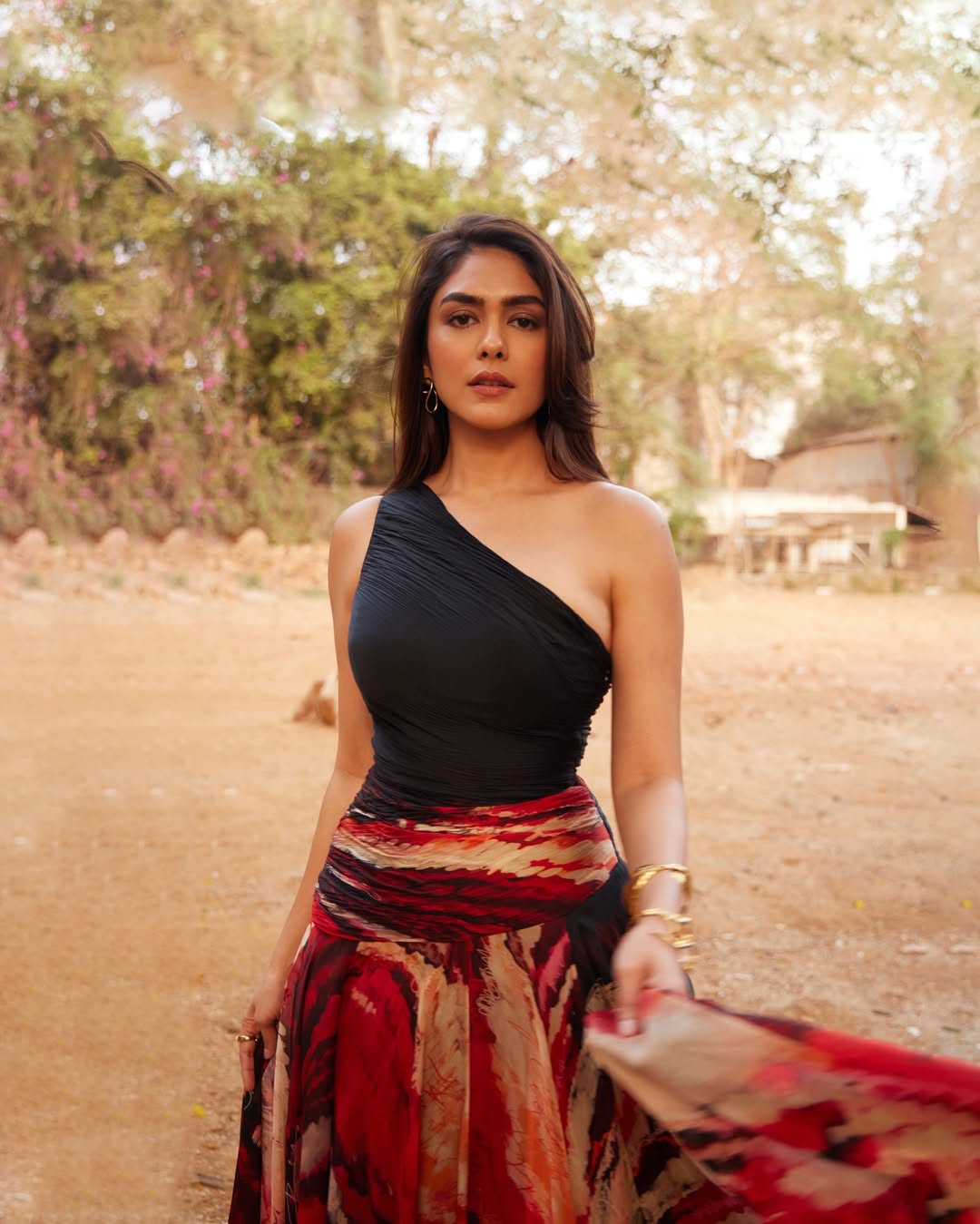 Mrunal Thakur one shoulder top abstract skirt stylish look