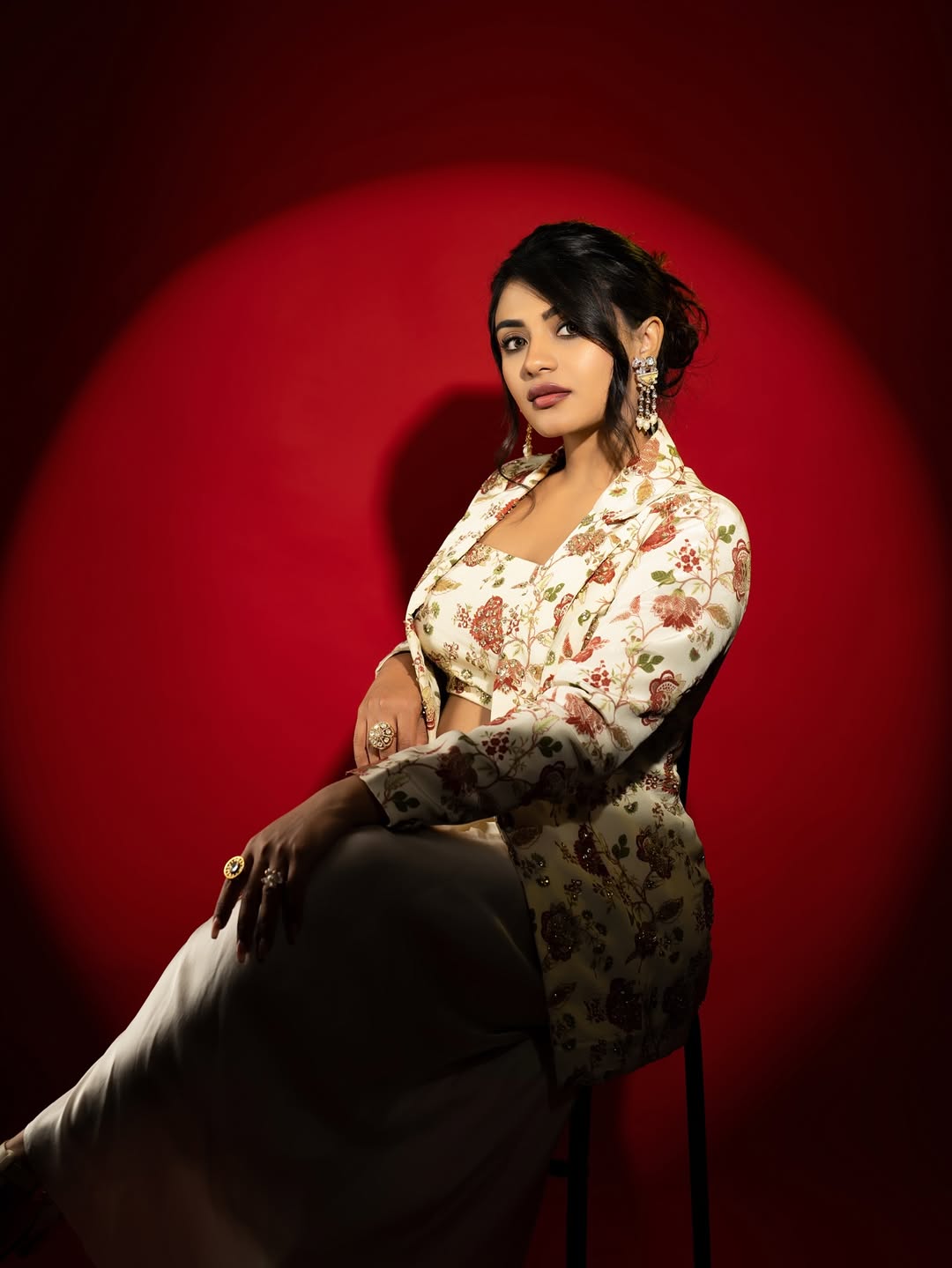 Nayan Sarika floral blazer statement jewelry look