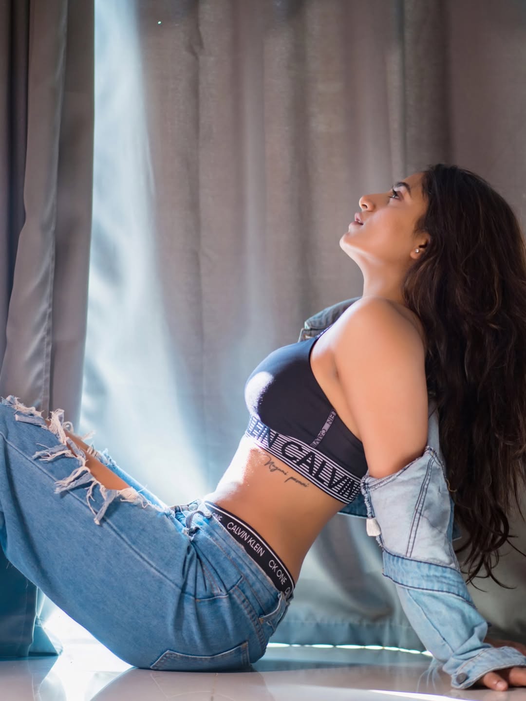 Nayani Pavani stylish denim look with confident pose