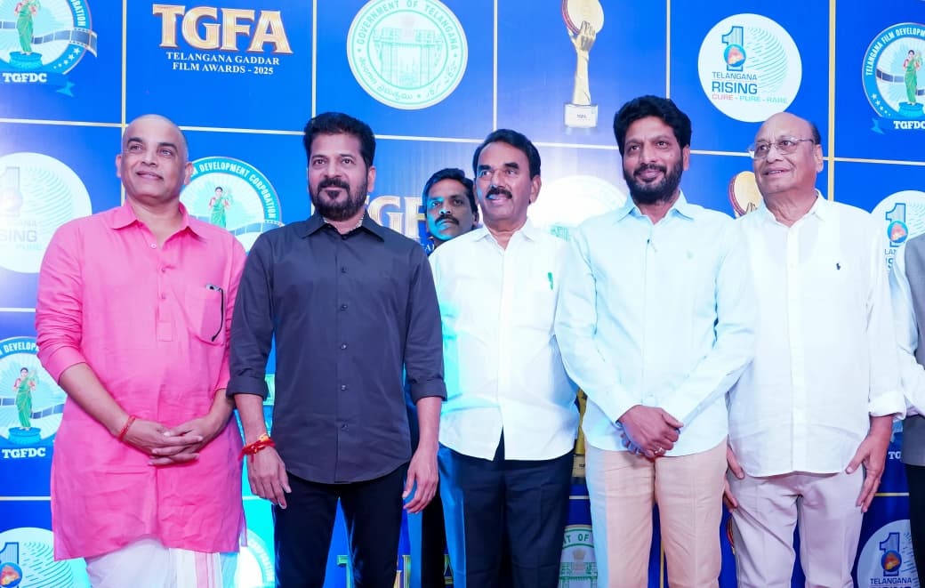 Dil Raju Revanth Reddy posing with guests for media