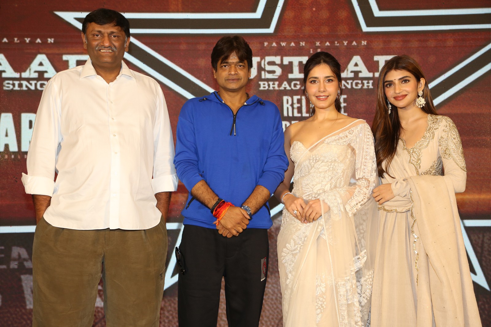 Naveen Yerneni Harish Shankar Raashii Khanna Sreeleela pose together