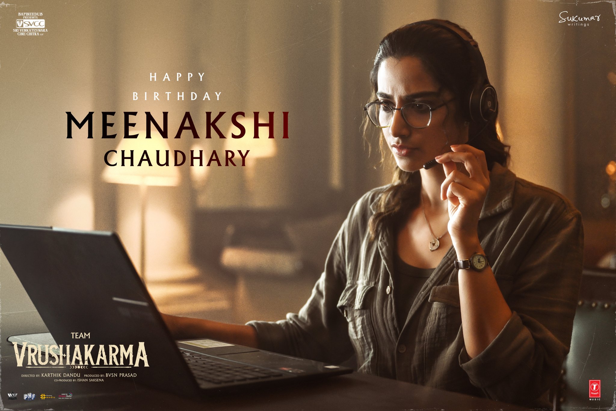 Meenakshi Chaudhary birthday poster from Vrushakarma team