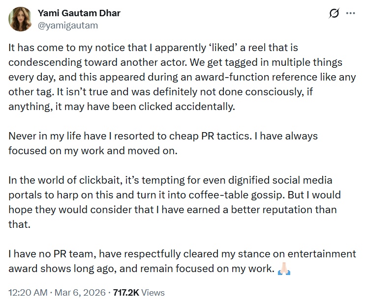 Yami Gautam Issues Clarification