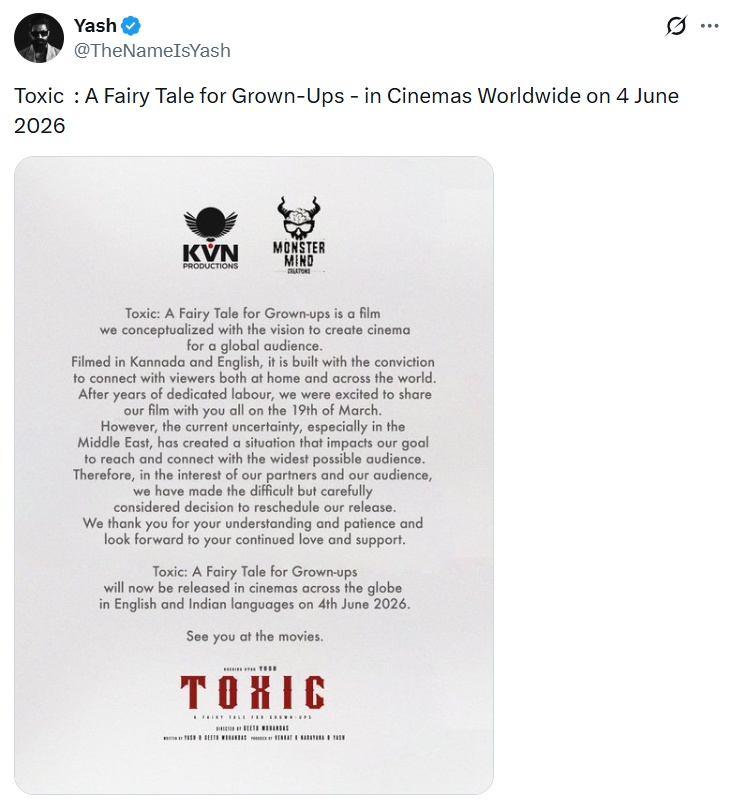 Yash’s ‘Toxic’ Gets a New Global Release Date