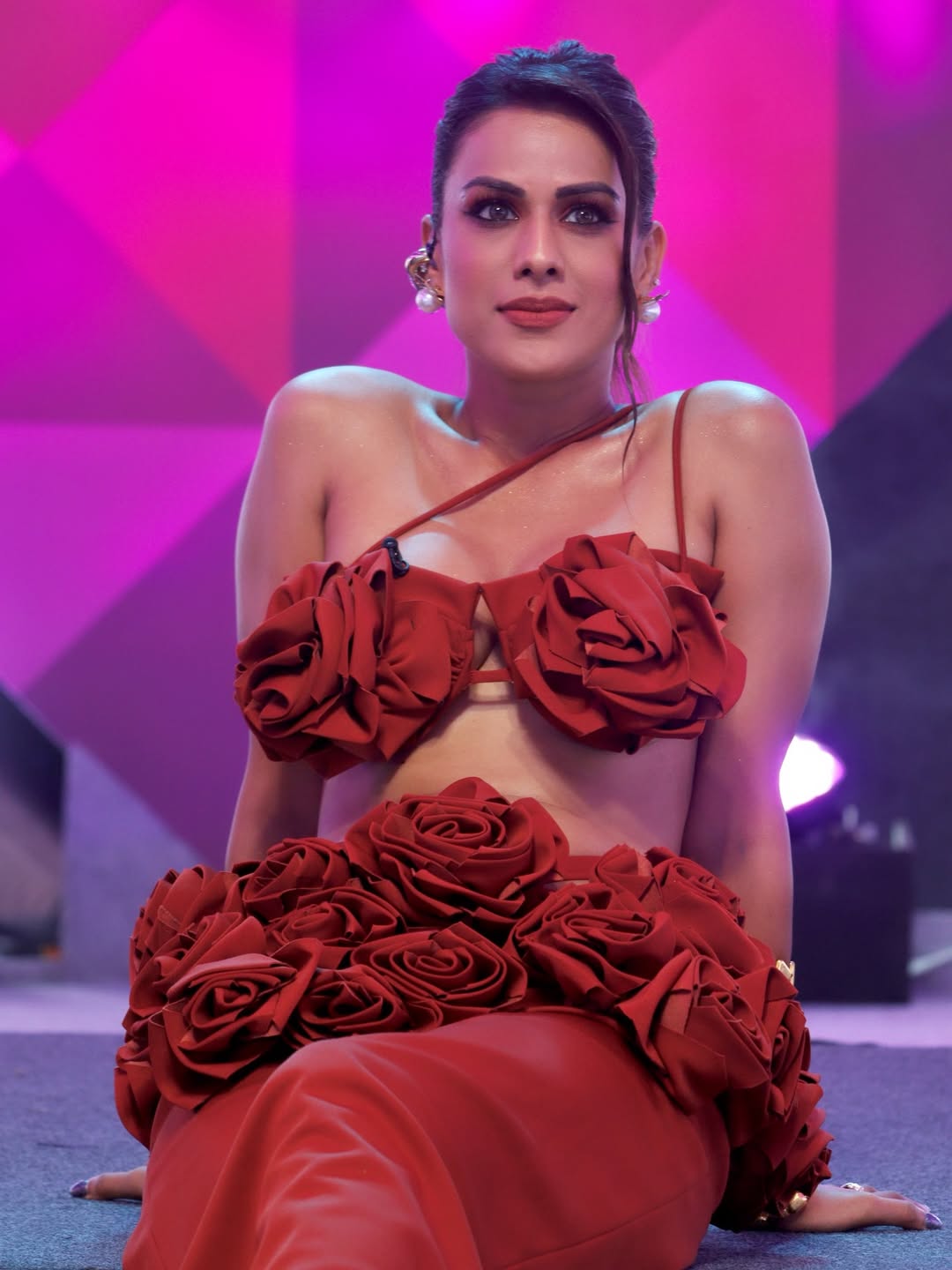 Nia Sharma red rose dress bold fashion look