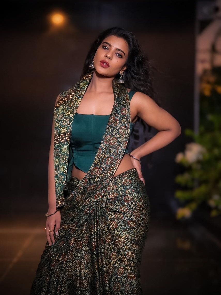 Aishwarya Rajesh in a modern styled saree combining traditional and contemporary elements