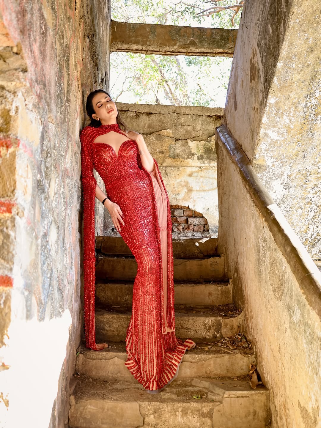 Palak Purswani in sequined red gown dramatic glamorous pose