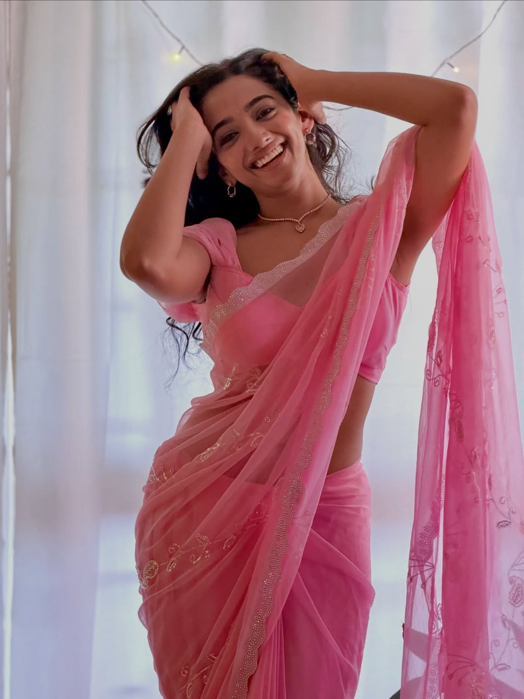 Actress Saanve Megghana Shares Her Recent Pink Colour Saree Gorgeous Photos