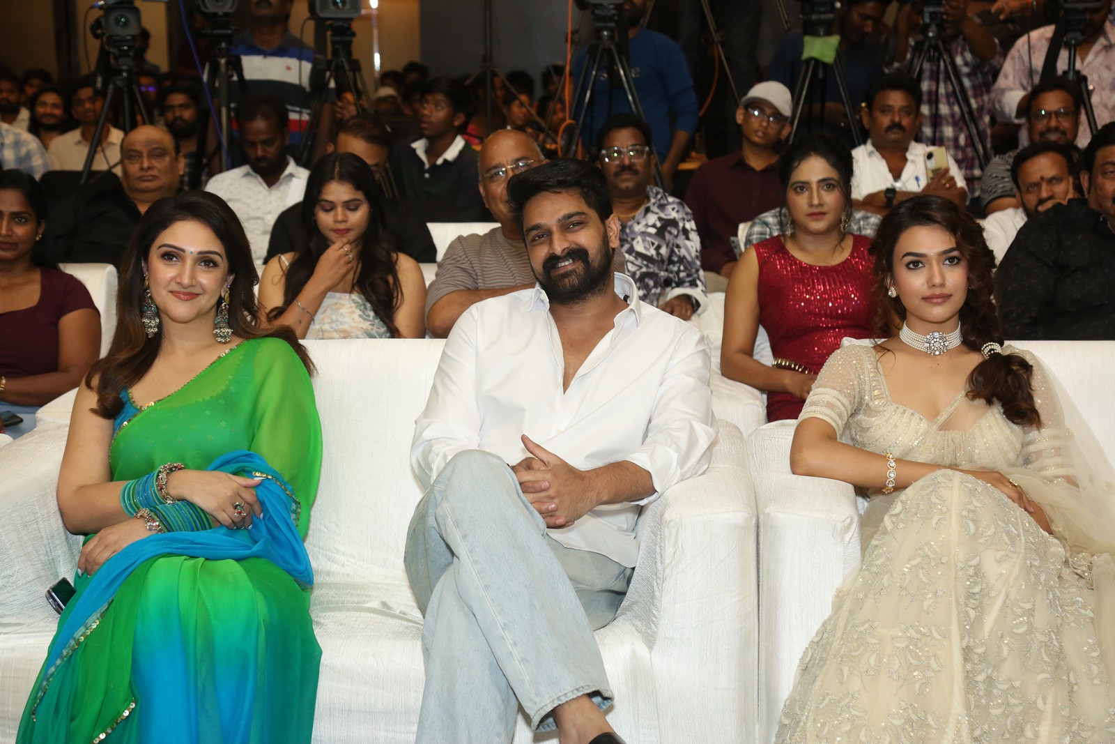 Sridevi Vijaykumar, Naga Shaurya and Vidhi Yadav seated at pre release event