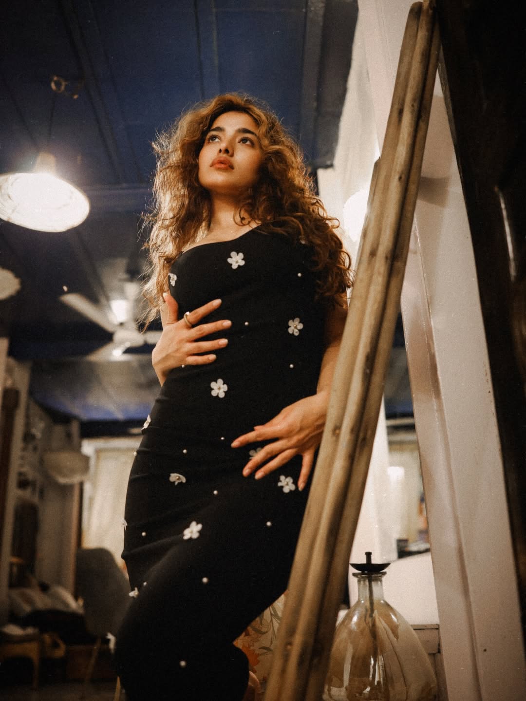 Ketika Sharma elegant floral black dress confident fashion look