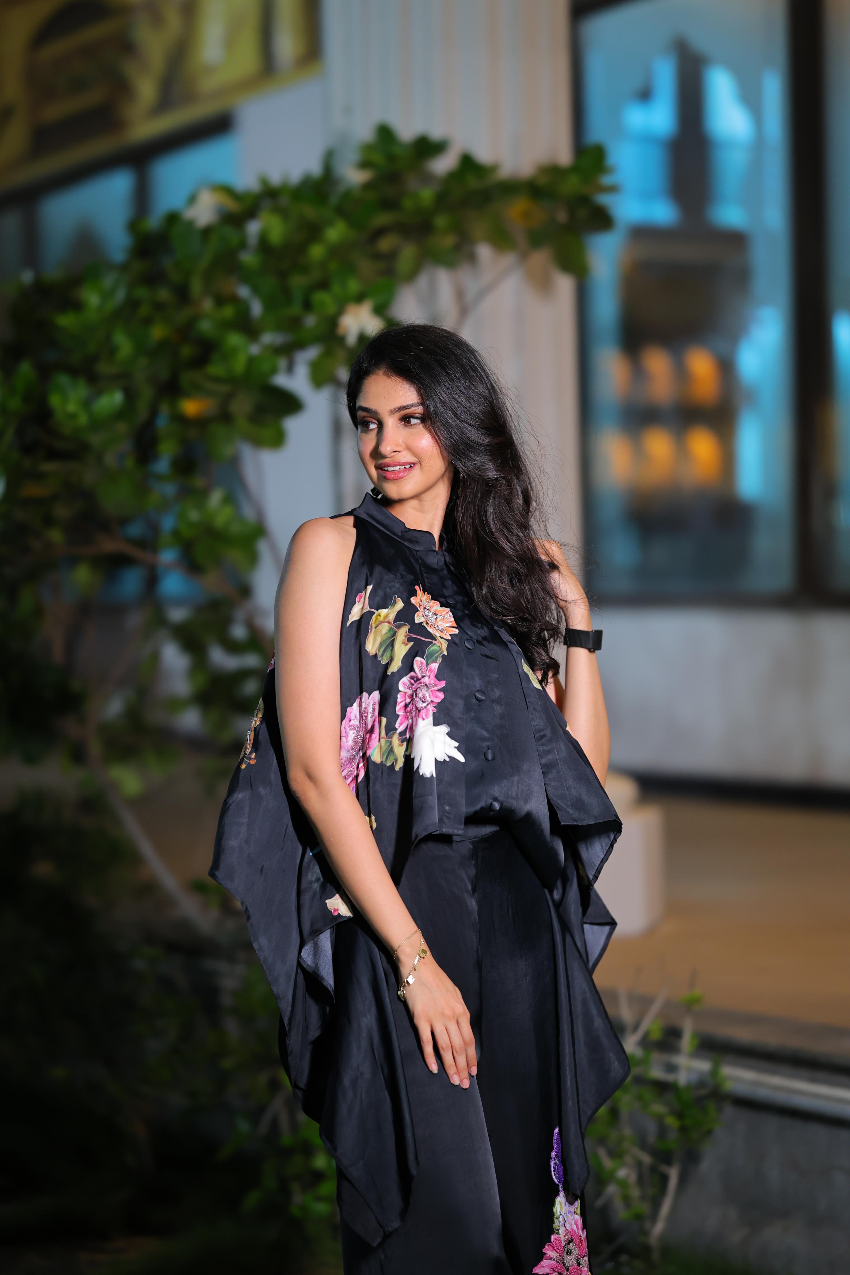 Manasa Varanasi chic floral dress glowing in dark