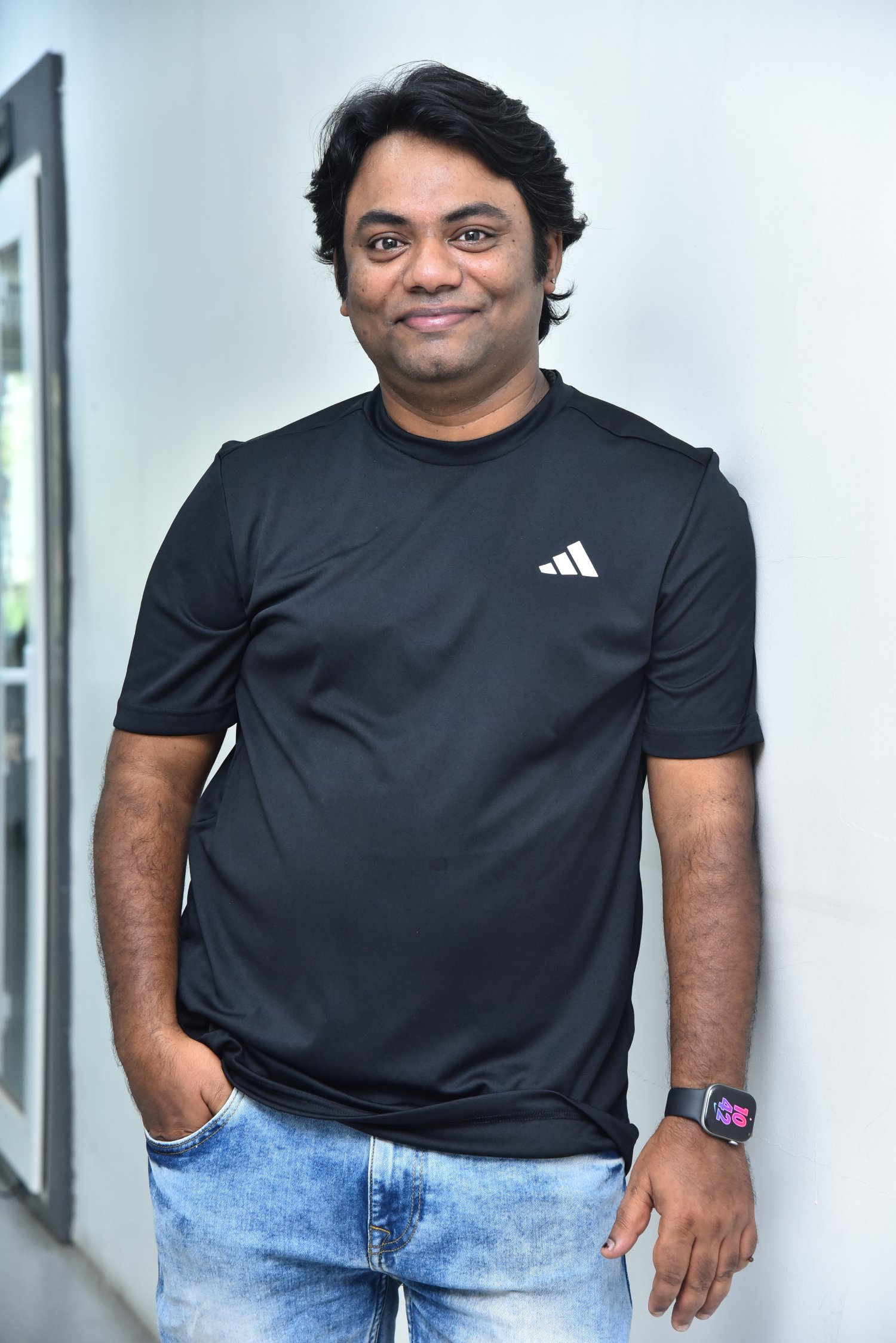 Naga Vamshi black Adidas tee smartwatch sporty style
