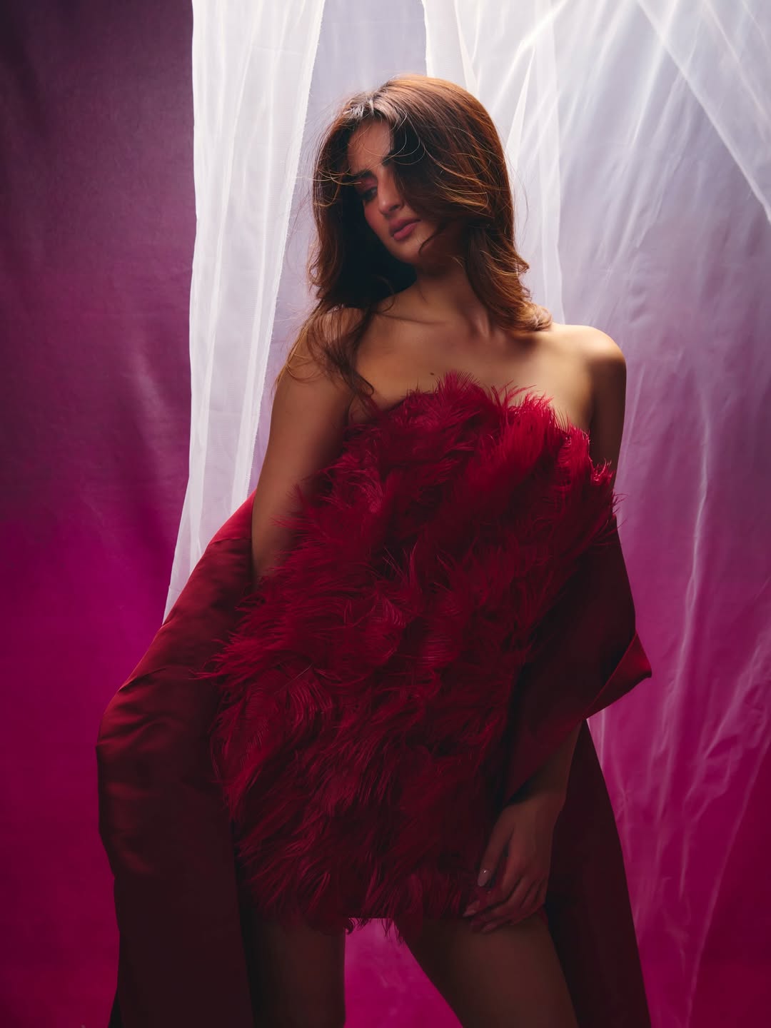 Palak Tiwari styled hair red outfit fashion shoot