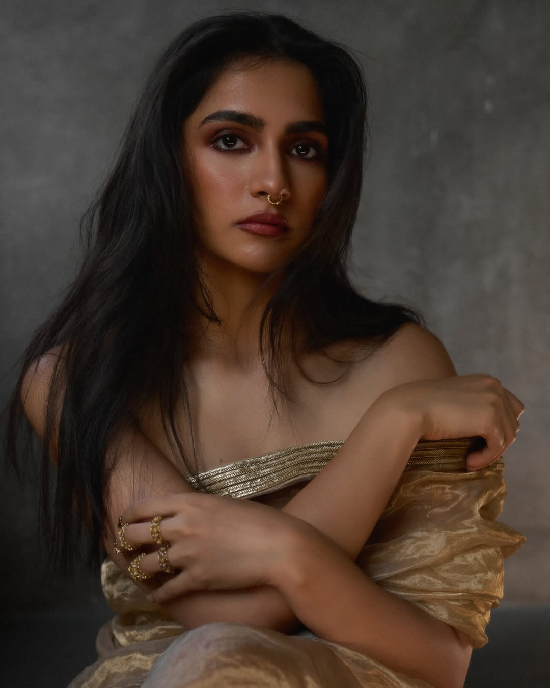 Rukmini Vasanth golden outfit regal elegant photoshoot look