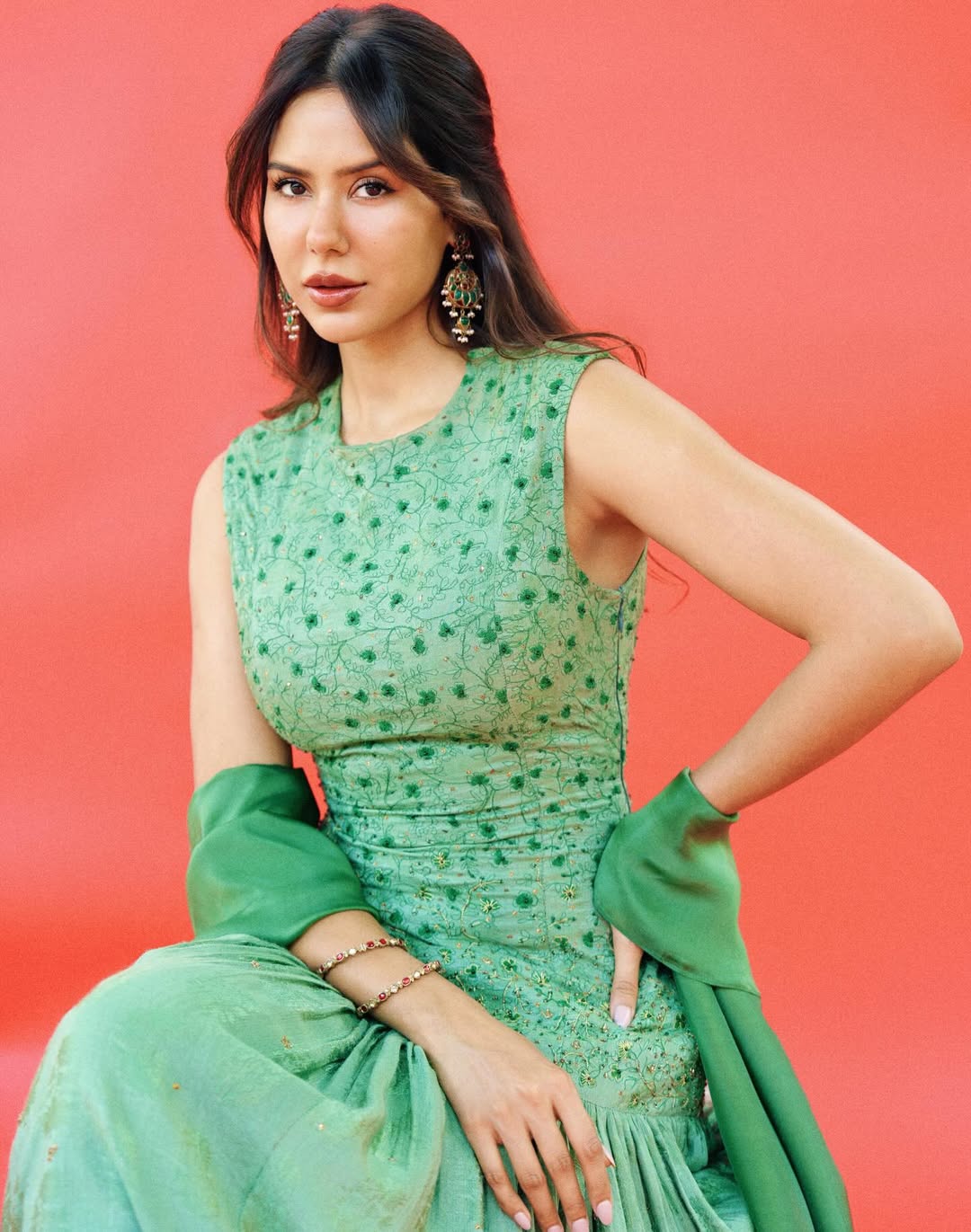 Sonam Bajwa green ensemble chic elegant modern style