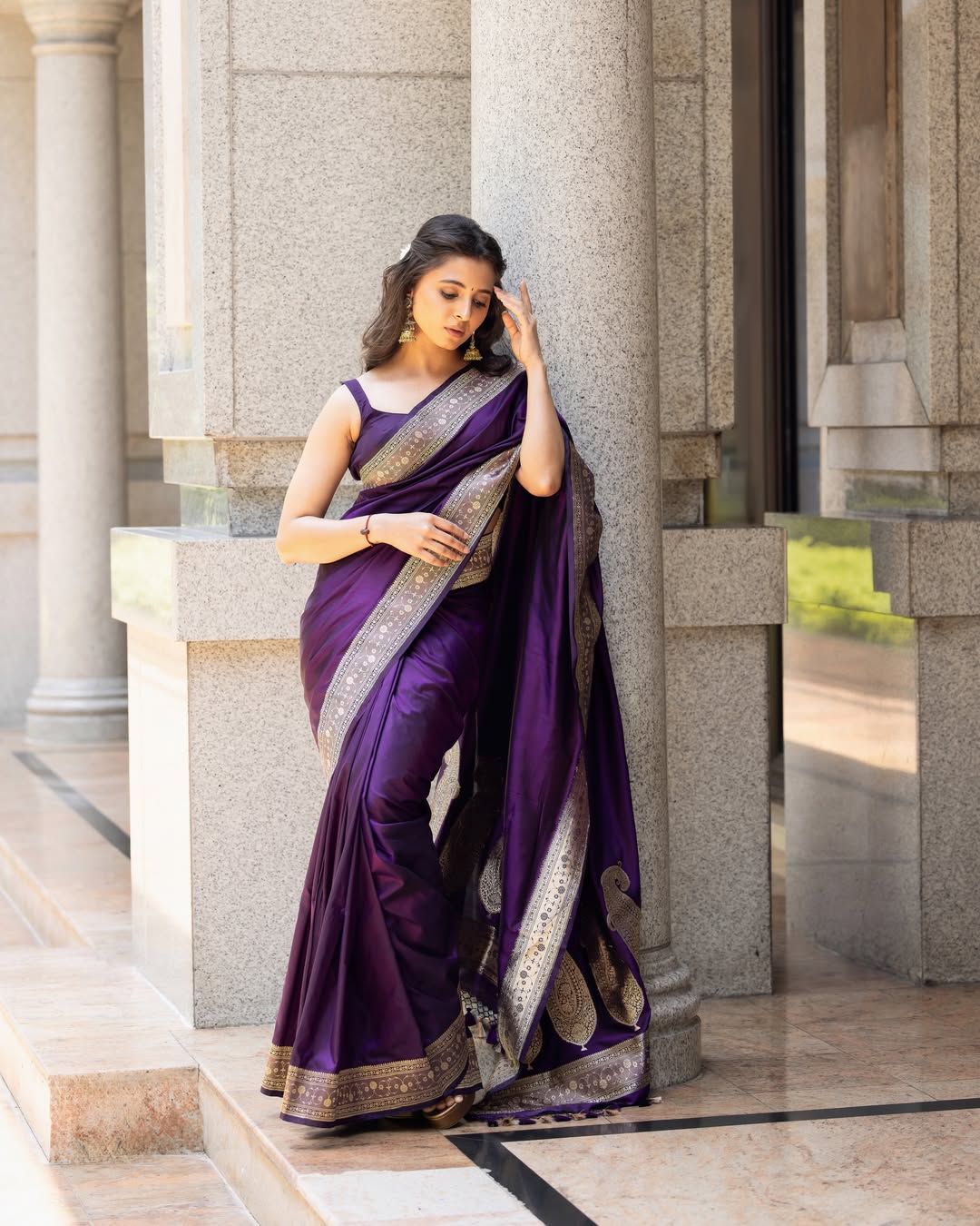 Preethi Asrani wearing regal purple saree with elegance