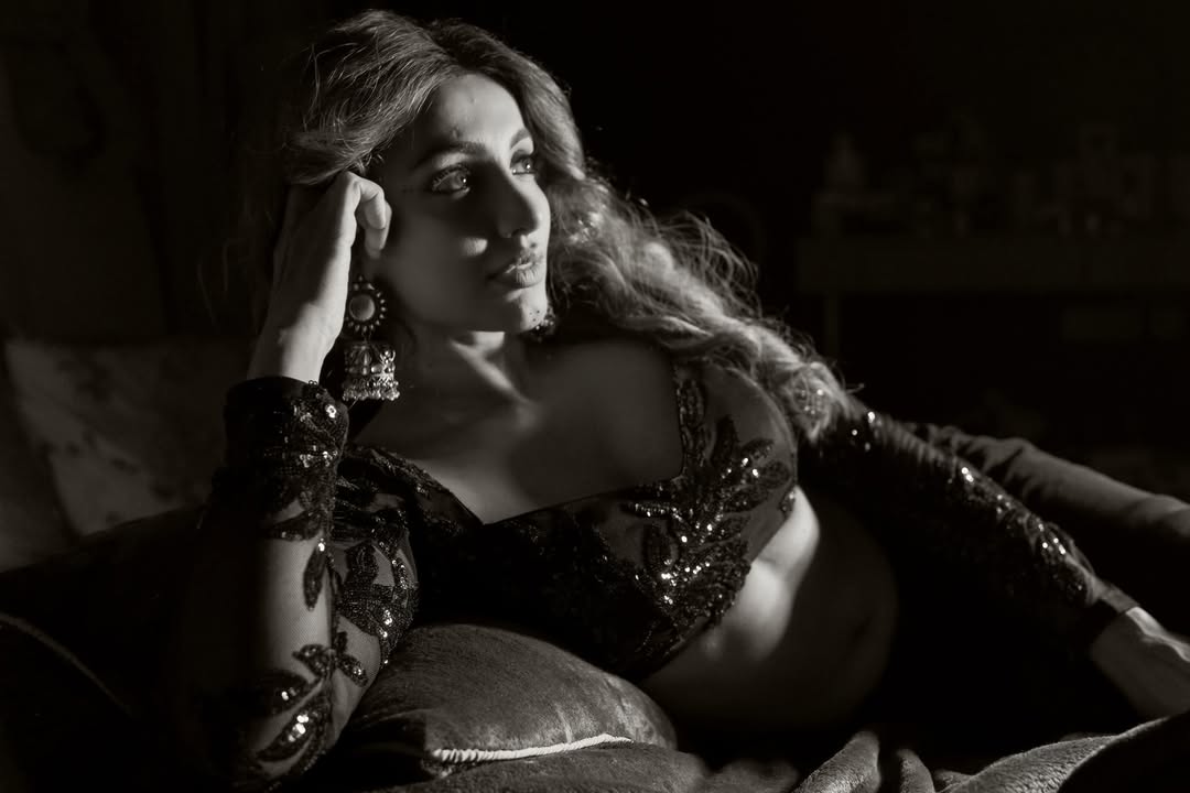Tejaswi Madivada showcasing vintage glamour in a stylish monochrome photoshoot.