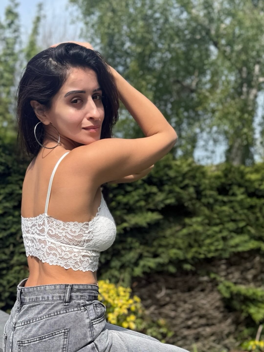 Anshu Ambani showcasing a chic denim-and-lace outfit