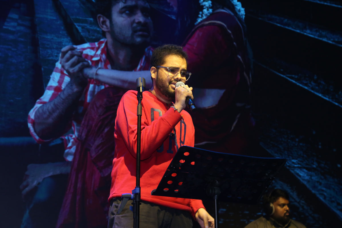Singer performing live at Chennai Love Story song launch