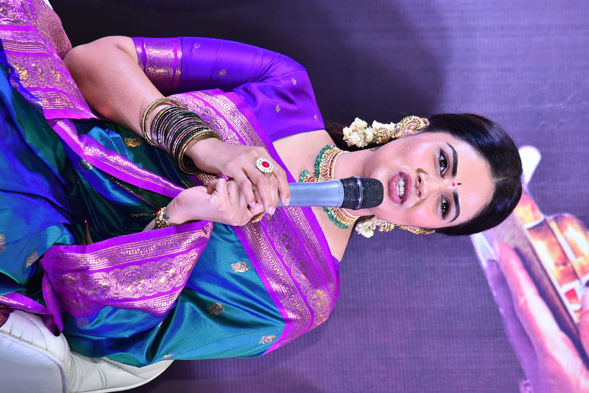 Sreemukhi delivering speech at Maa Inti Bangaaram launch