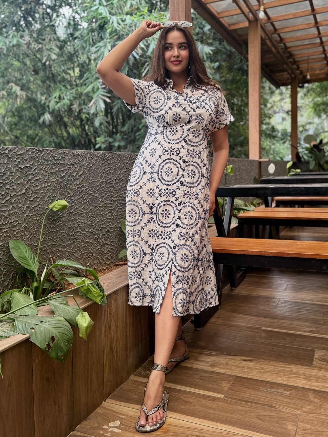 Pujita Ponnada posing confidently in fashionable dress