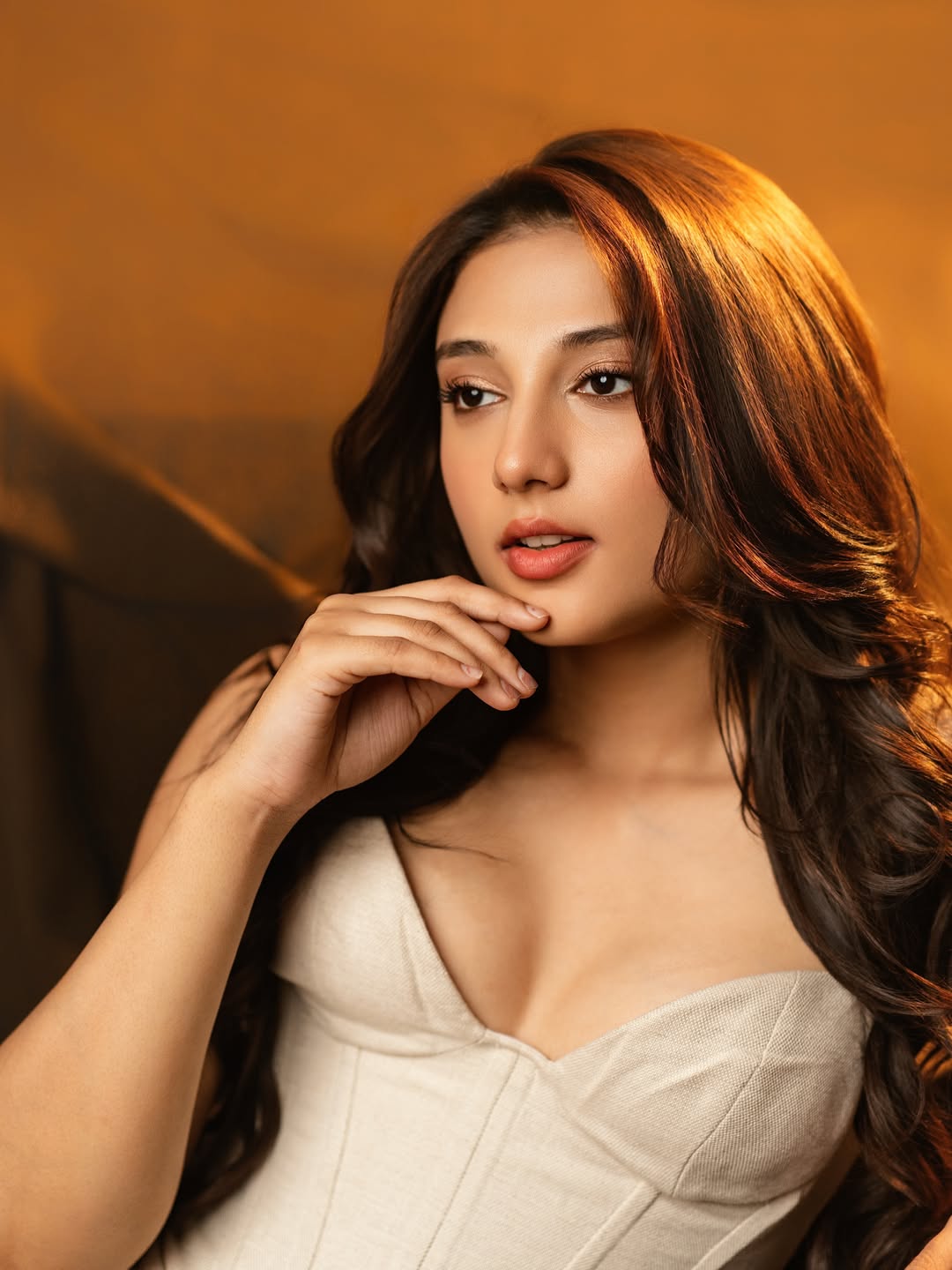 Ritika Nayak showcasing radiant beauty in a sculpted corset-style dress with refined elegance.