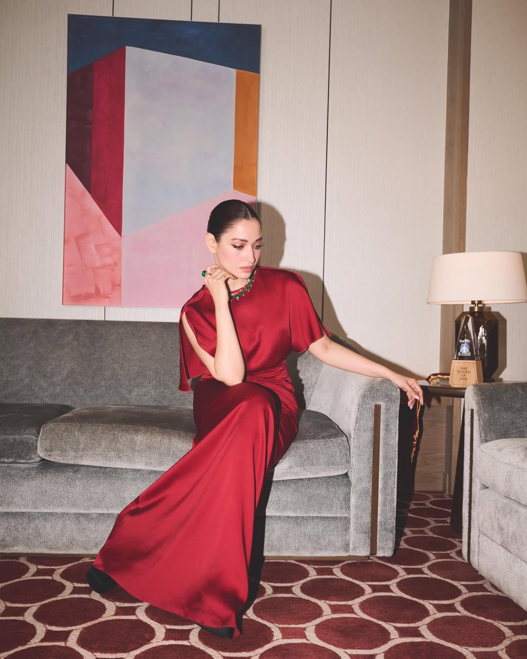 Tamannaah Bhatia in ruby-red satin gown