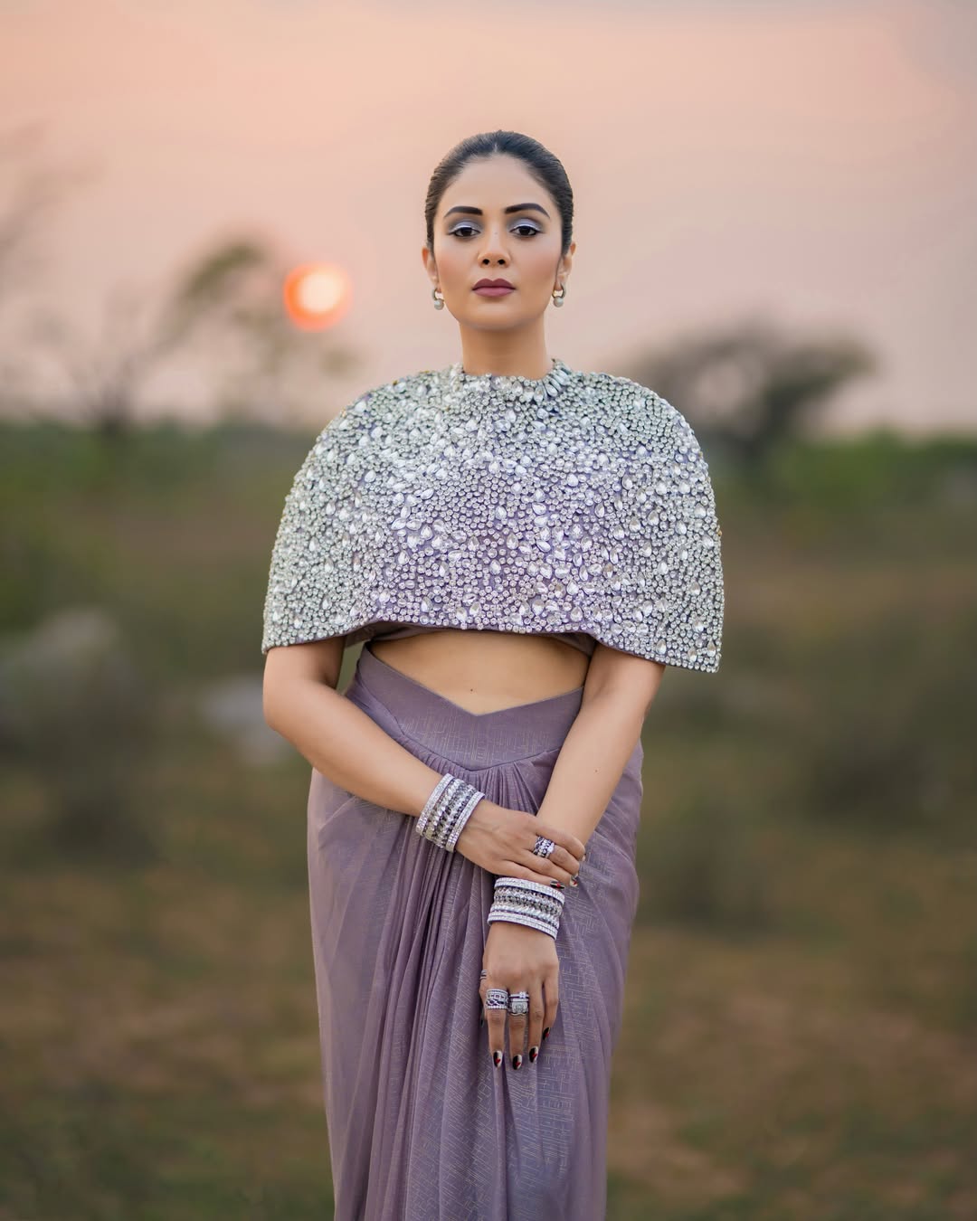Sreemukhi lavender saree sunset photoshoot