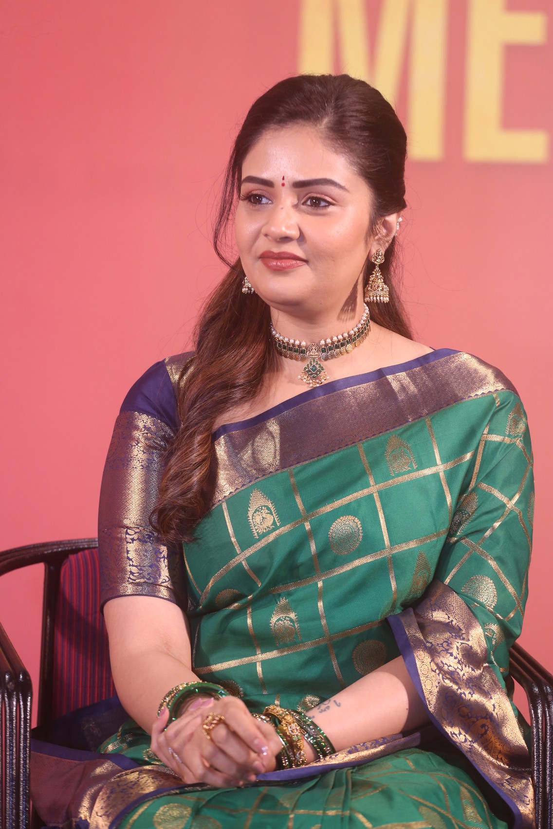 Sreemukhi in green gold saree