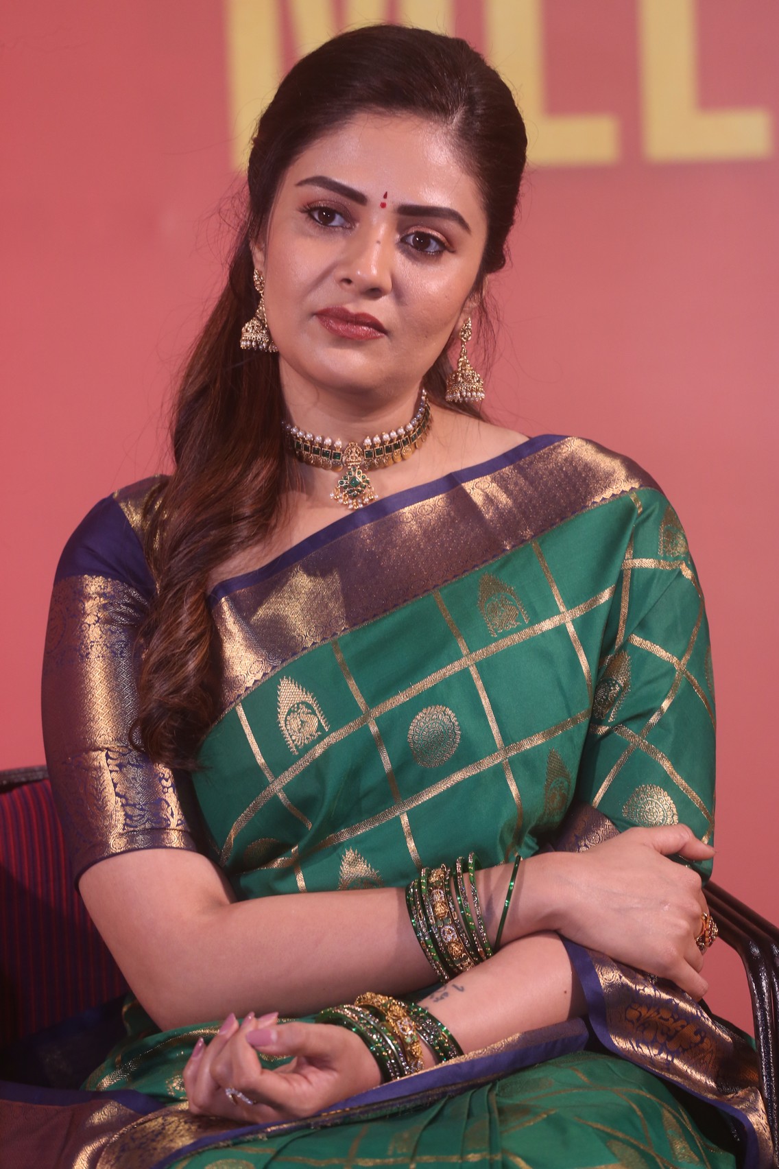 Sreemukhi elegant green saree appearance