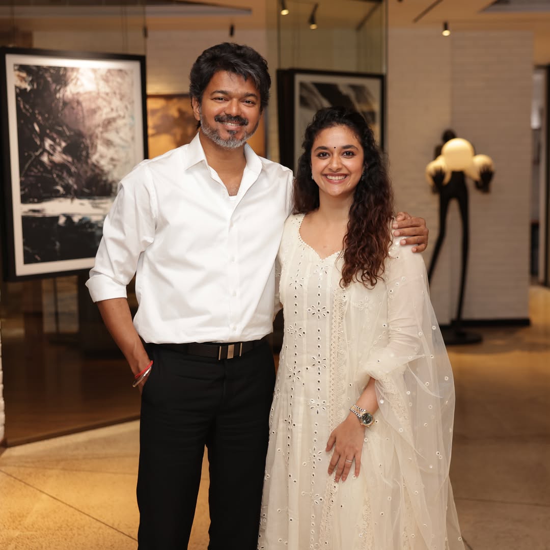 Actress Keerthi Suresh Met CM Vijay to Wish His Birthday With Her Husband