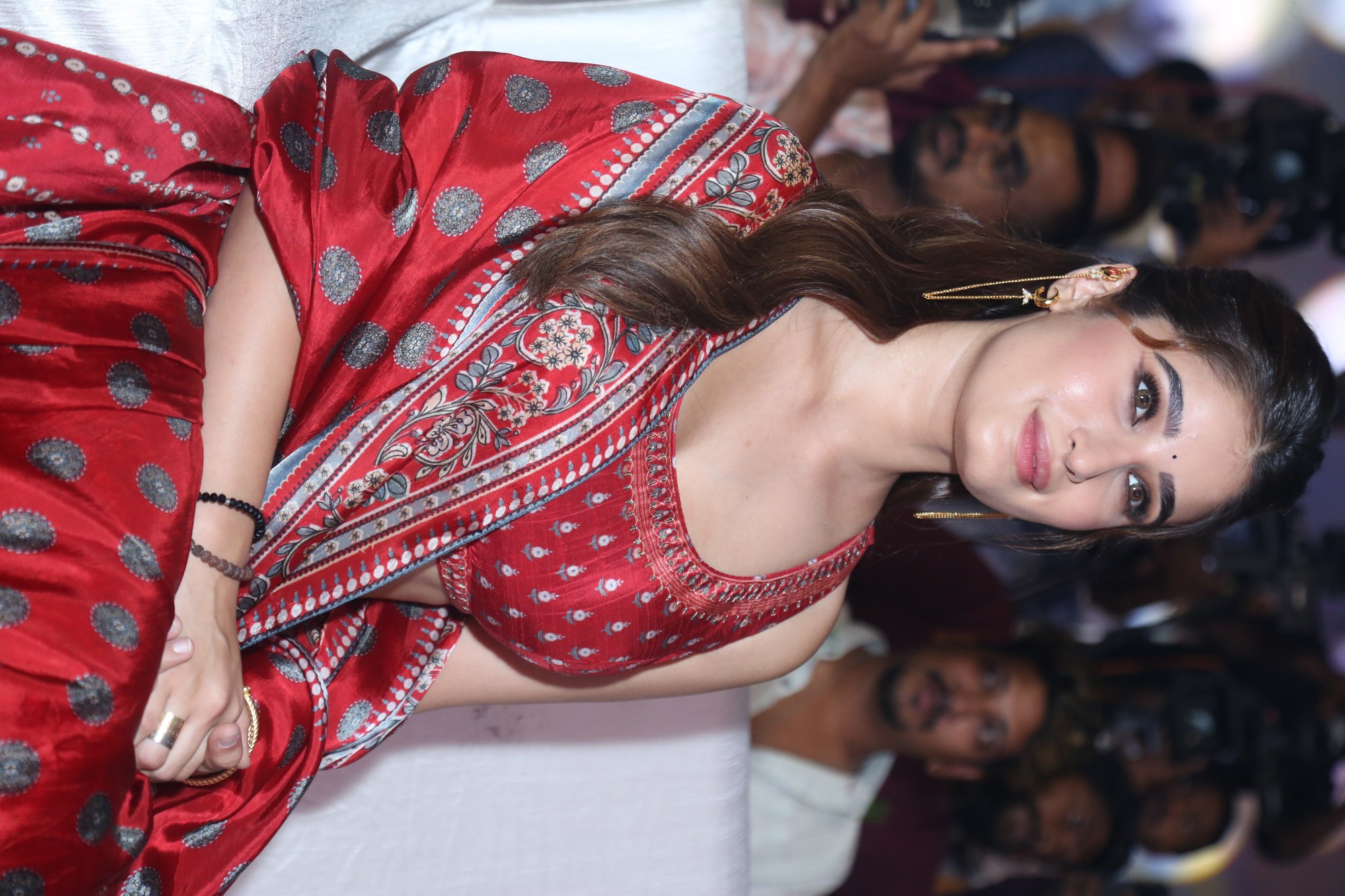 Rasha Thadani in printed red traditional outfit