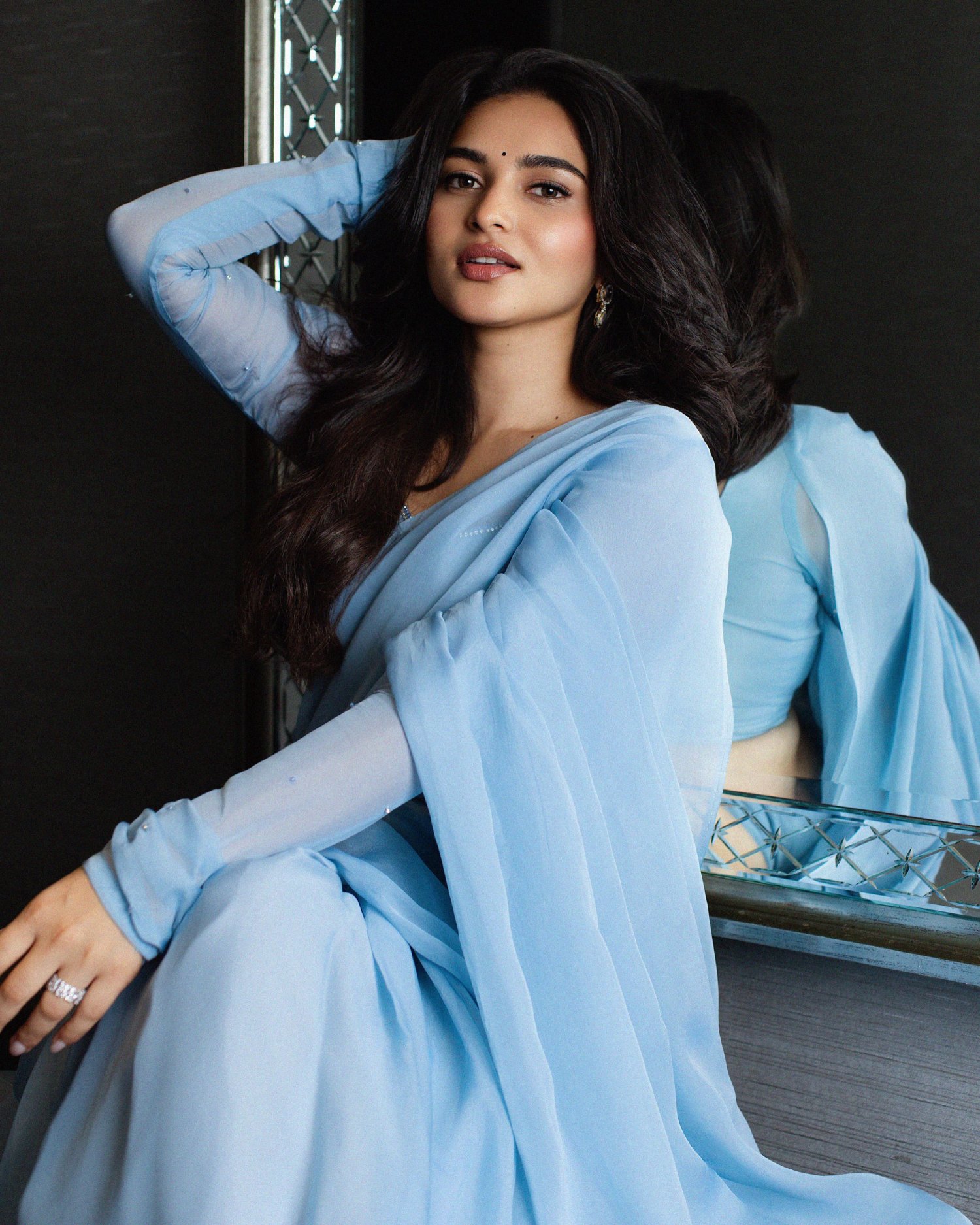 Kayadu Lohar blue saree look