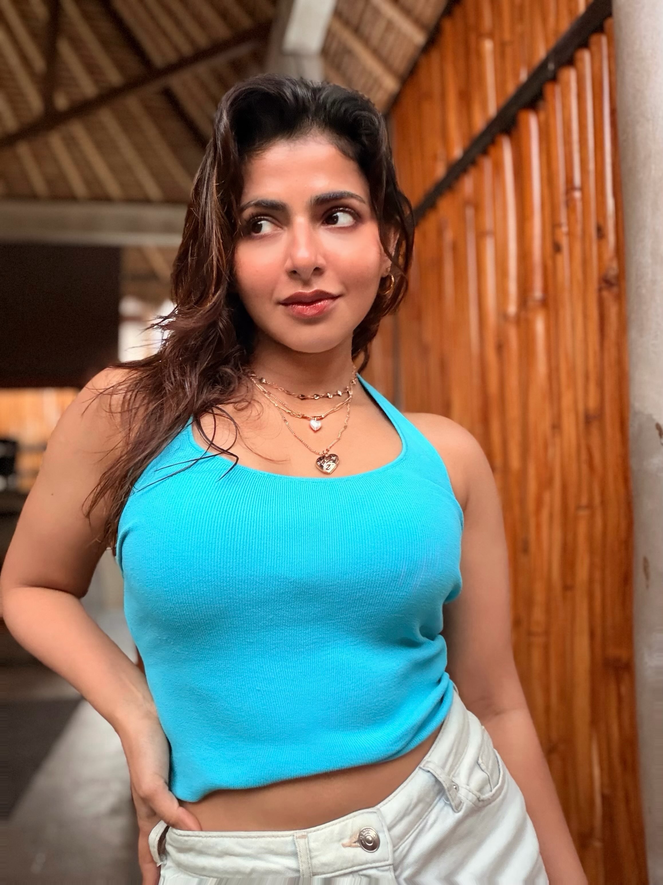 Iswarya Menon vibrant blue casual style