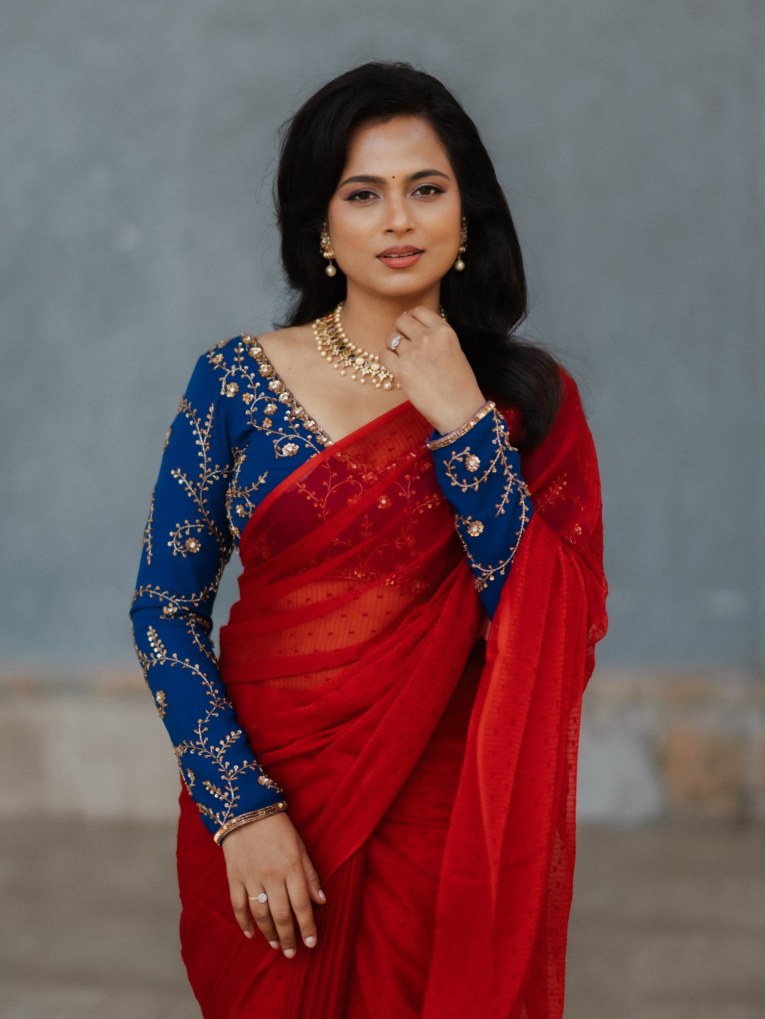 Ramya Pandian in red saree
