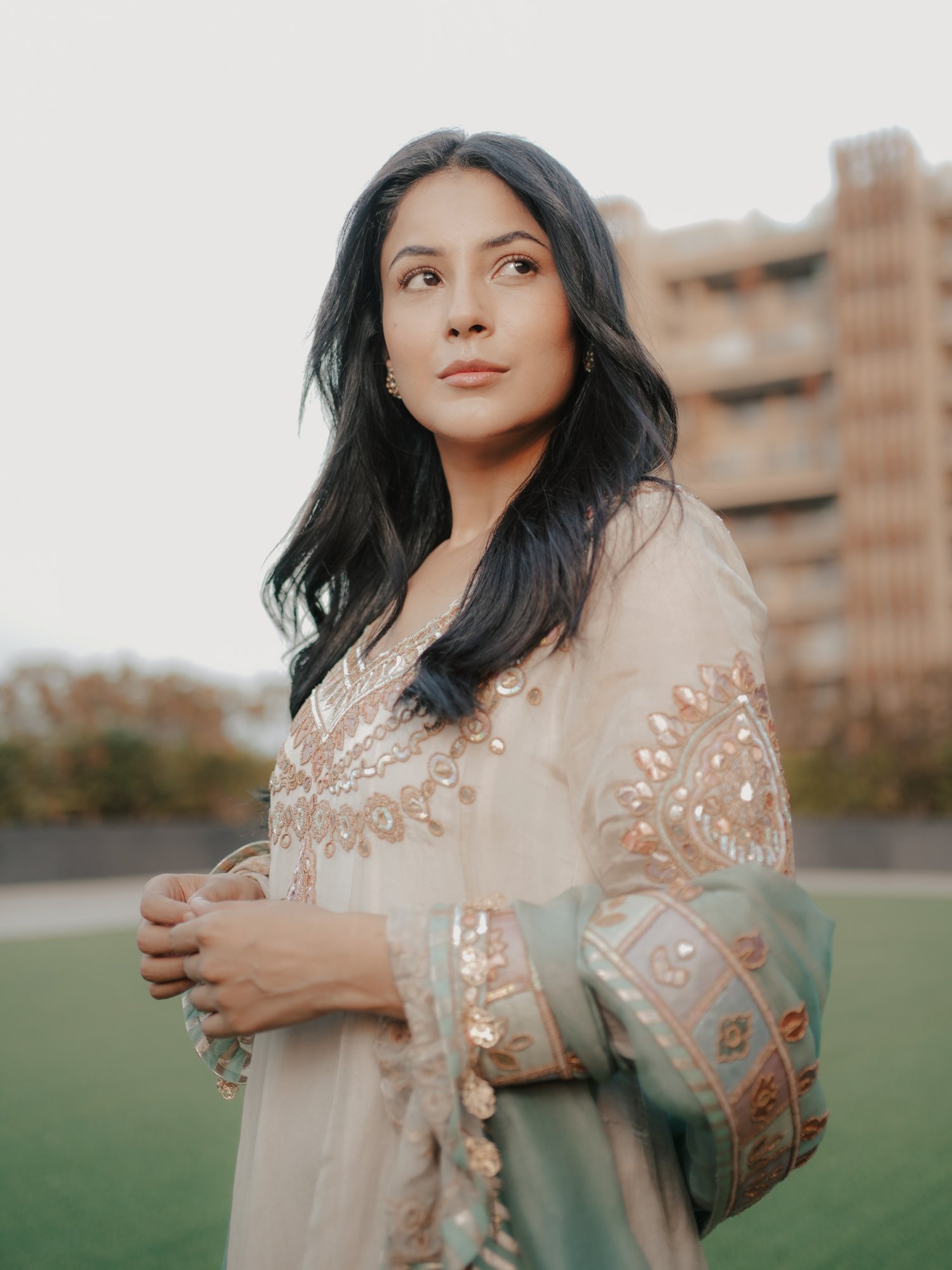 Shehnaaz Gill cream Anarkali look