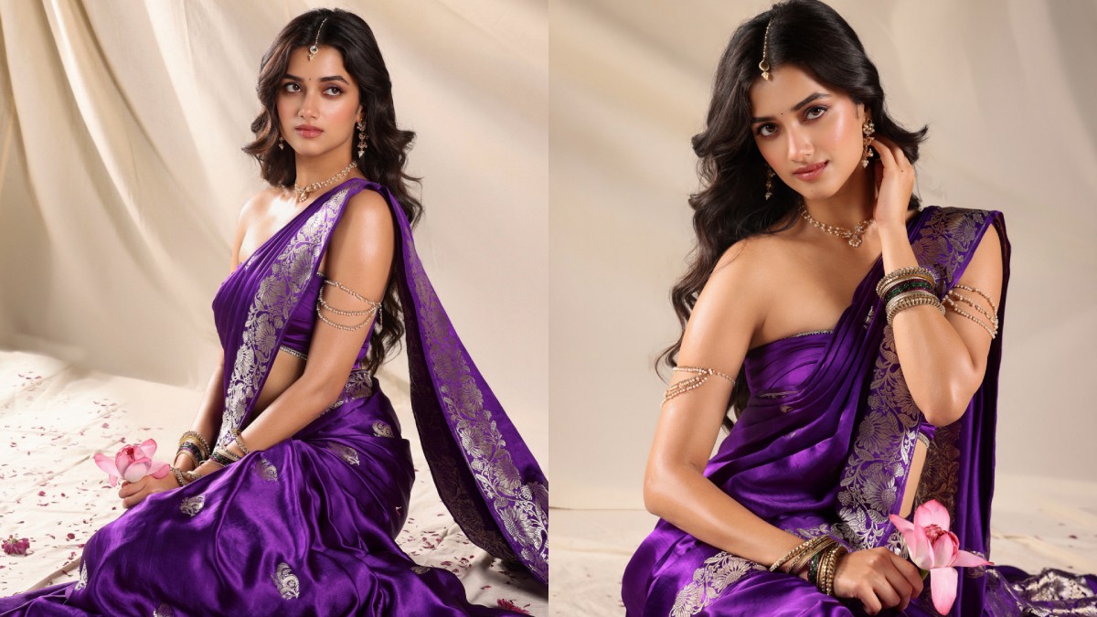 Bhagyashri Borse Stuns in Royal Purple Saree, Fans Call Her a Modern-Day Princess