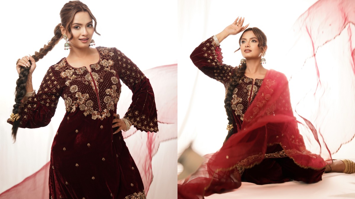 Bigg Boss 19 Fame Neelam Giri Looks Regal in a Maroon Velvet Ethnic Ensemble
