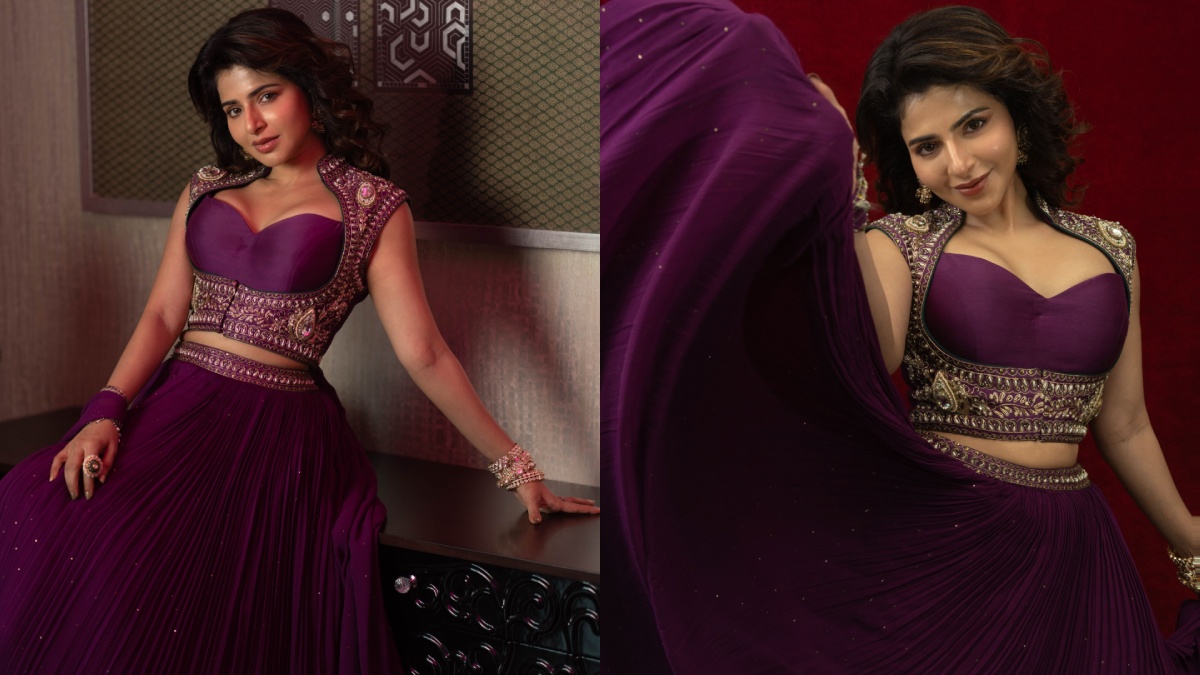 Iswarya Menon Stuns in a Regal Purple Lehenga with Timeless South Indian Elegance