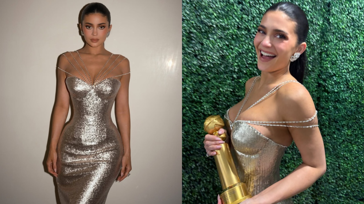 Kylie Jenner's Gold Sequin Gown Steals the 2026 Golden Globes Spotlight | Kylie  Jenner Sets Awards Fashion Ablaze in Golden Ashi Studio Gown | Kylie  Jenner's Golden Globes Dress Redefines Modern Glamour |