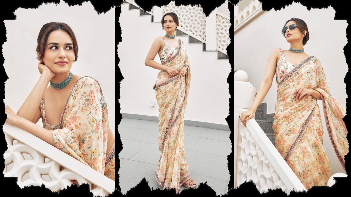 Manushi Chhillar Radiates Ethereal Elegance in a Dreamy Floral Saree